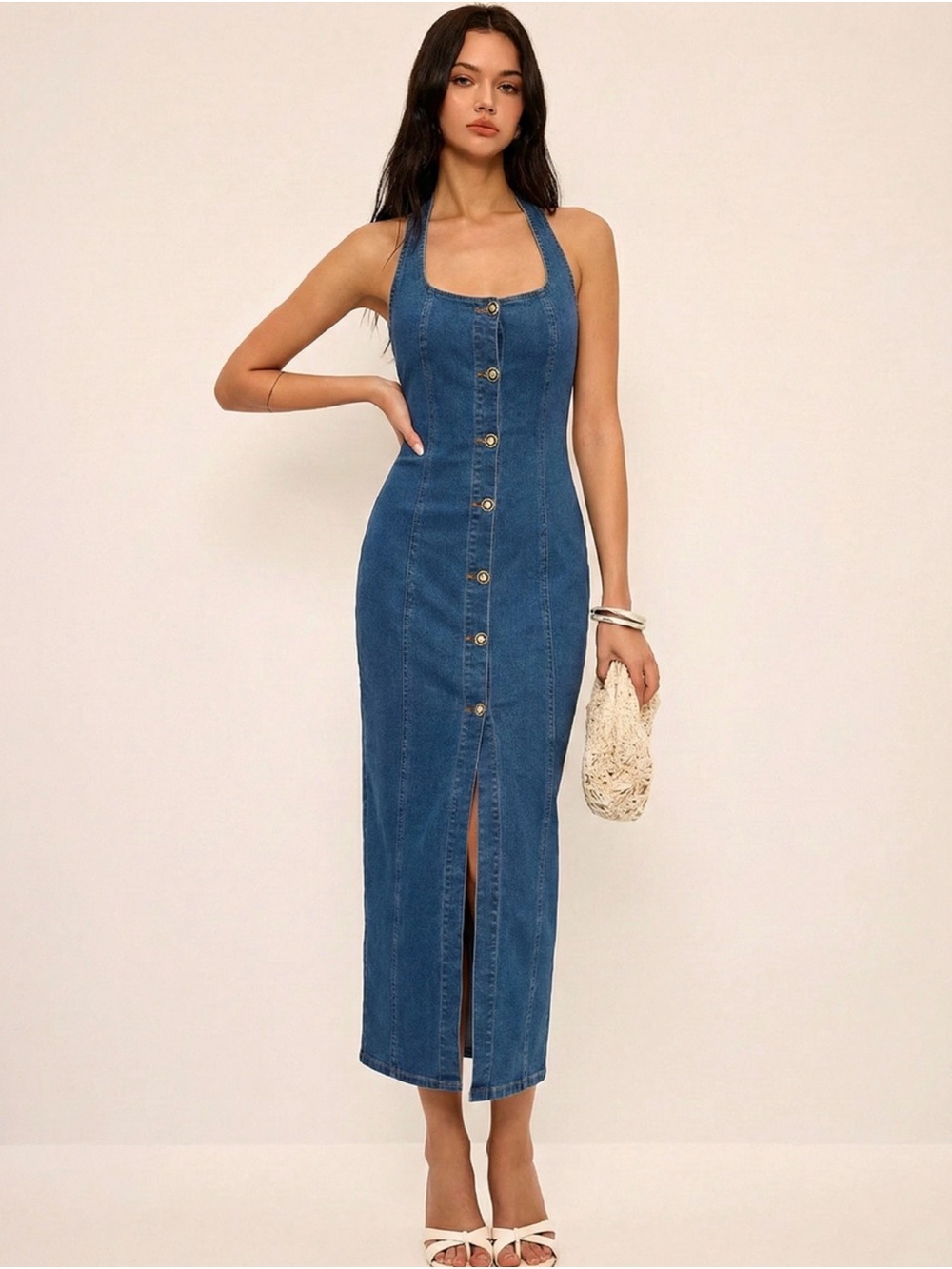Commense Blue Denim Button-Front Halter Maxi Dress NWT